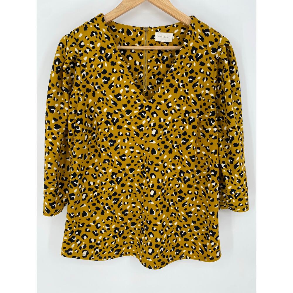 Melloday Top Women’s Large Mustard‎ Animal Print Flowy Feminine Romantic